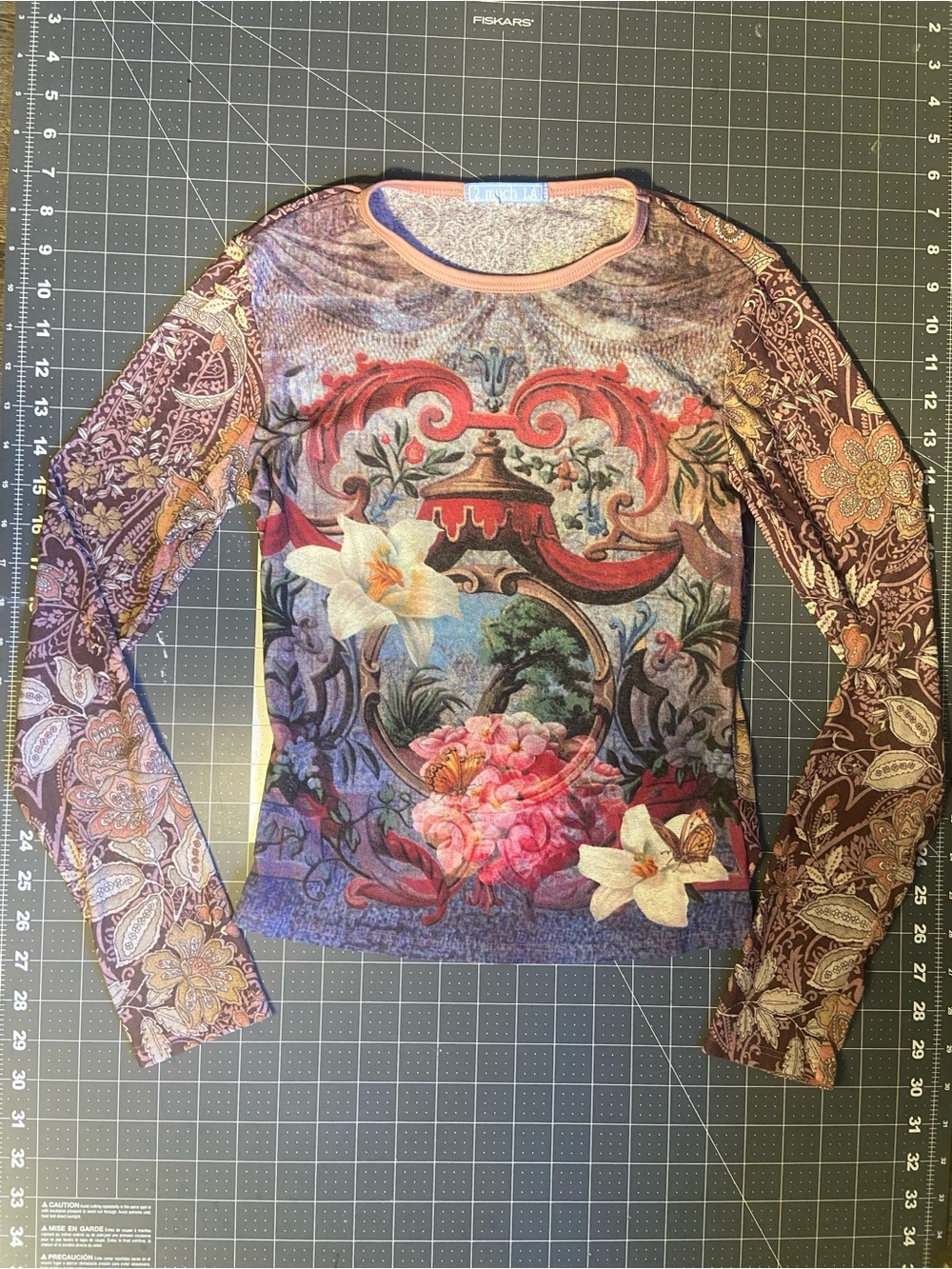 Vintage 2 Much LA Multicolor Floral Baroque Long-Sleeve Sheer Light Weight Top